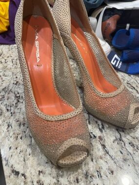 Via Spiga Nude Beaded Peep-Toe Heels. LIKE NEW!  Fits like a 7